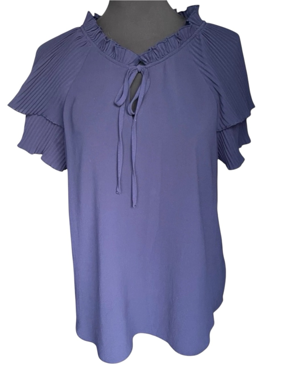 Alex & Lili Navy Pleated Layered Short Sleeve and Neck Tie Top Blouse (L)